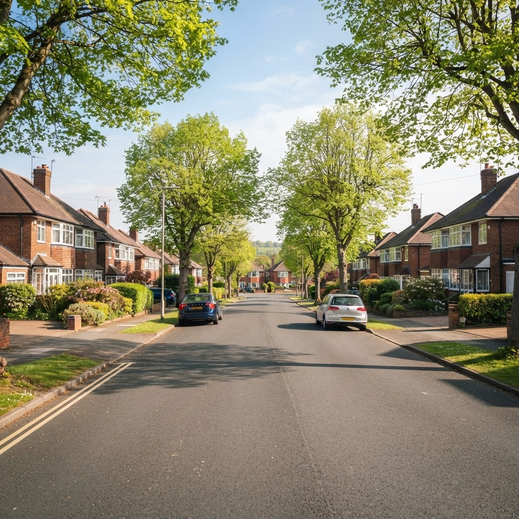 Quiet British suburban road on a sunny morning