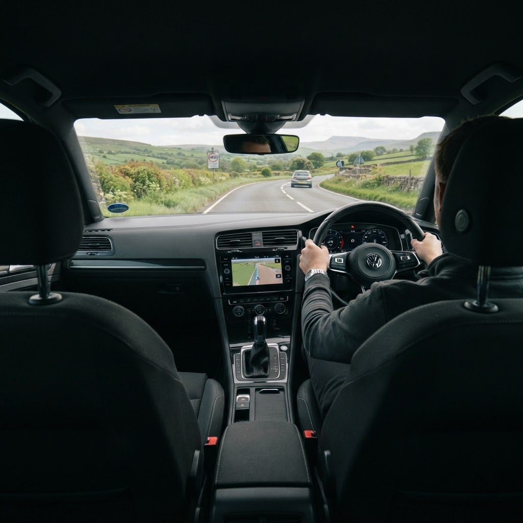 Driving lesson view from inside a car on a British road